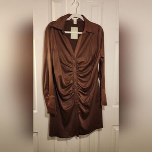 H&M NWT Brown Ruched Shirt Dress Sz XL